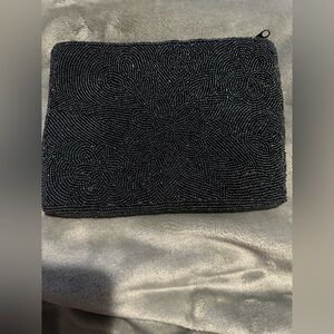 Hillard & Hanson Vintage Black Floral Beaded Zippered Evening Clutch Bag